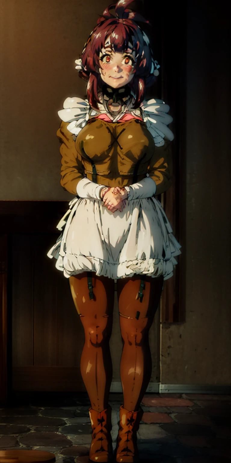 full body standing straight symmetrical, lustful smirking smile face red blush red cheeks, looking at viewer, holding tray, braid, maid headdress, maid, dress, apron, long sleeves, brown pantyhose, long leather militar boots, thighs, long white hair, masterpiece