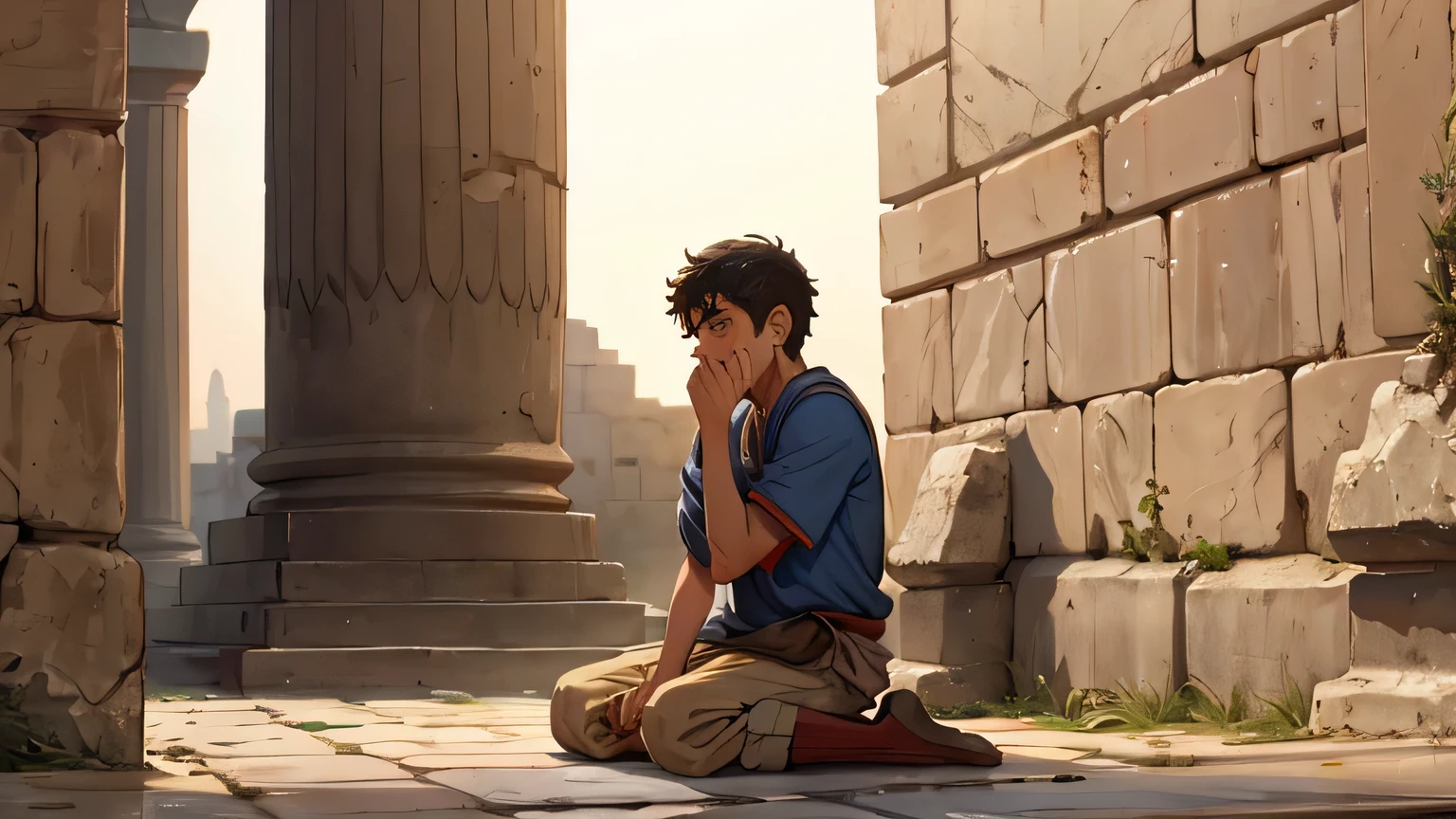 Poor boy in poor clothes from Israel begging on the ground while crying in the 4th century BC