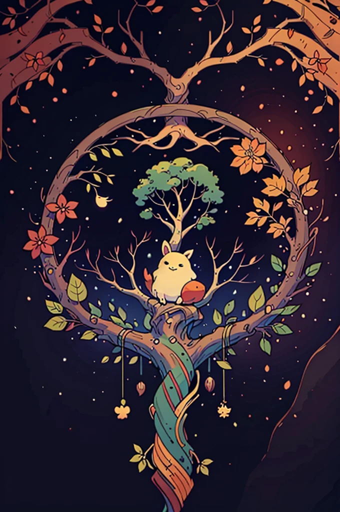 circular tree,four seasons,spring,summer,autumn,winter,leaves,roots,branches,trunk,ornate border,decorative,digital illustration,artwork,movement,time,swirling background,dark background,vibrant colors,natural,life cycle,growth,change,nature,life,peace,harmony,spirituality,symbolism,digital art,illustration,painting,graphic design,art,design,digital media,online art,visual art,fine art,fantasy