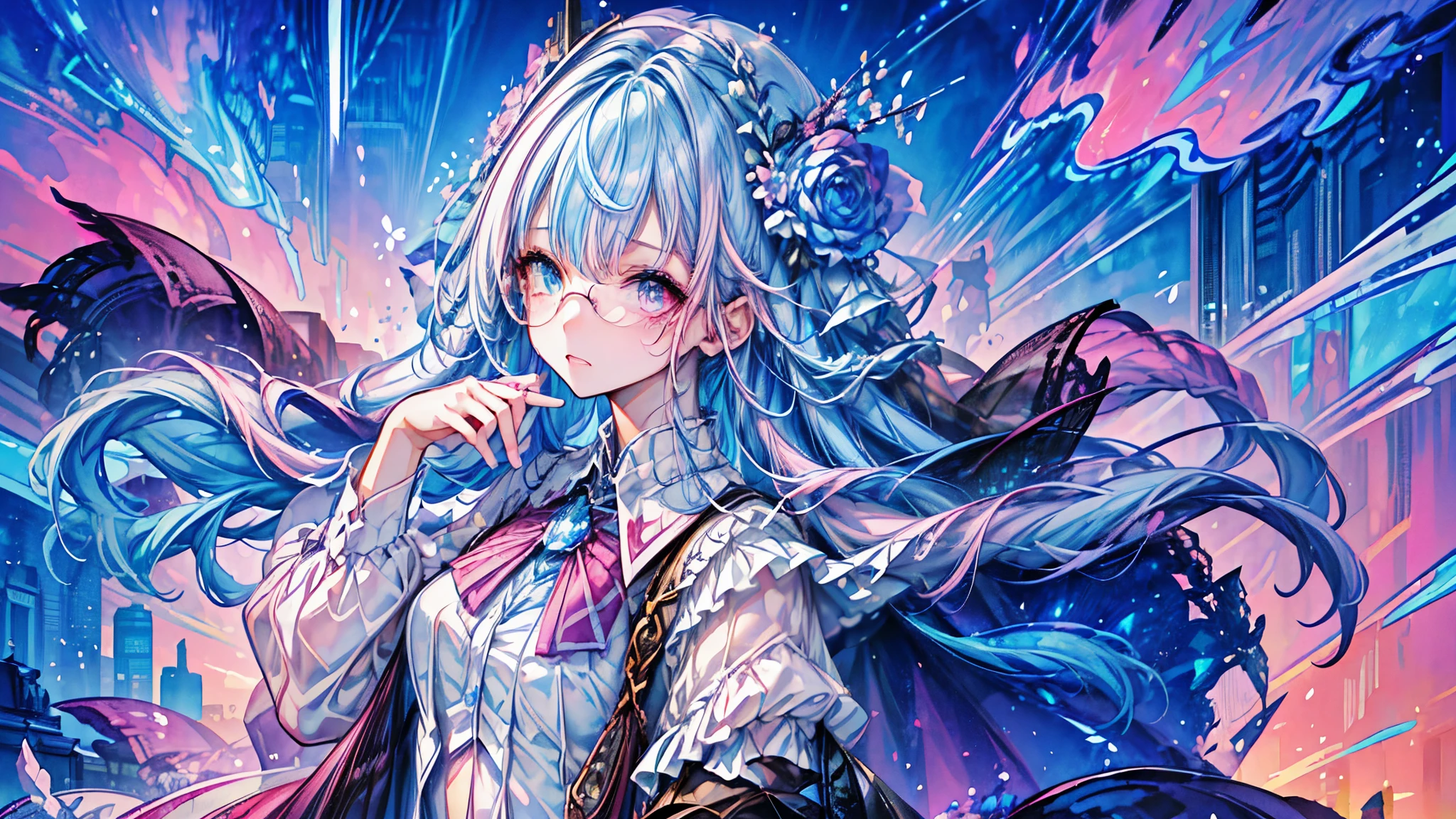 (Masterpiece ,、maximum quality、maximum quality、watercolor art(during)、Official Art、beautiful and aesthetic:1.2)、(1 girl:1.3)、(fractal art:1.3)、whole body、pupilas en forma de Star,、pattern、((Iridescent hair、colorful hair、half blue and half pink hair:1.2))、water、liquid、clouds、showy、noche Starda、Star、angry face、glasses、Write、heterochromia, (showy:1.5)、galaxiairando las Stars、anger