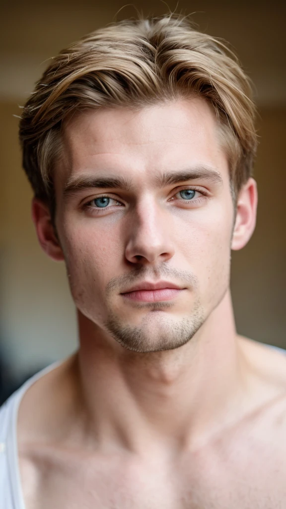 A base model of a handsome man , looking at the camera, sad expression,