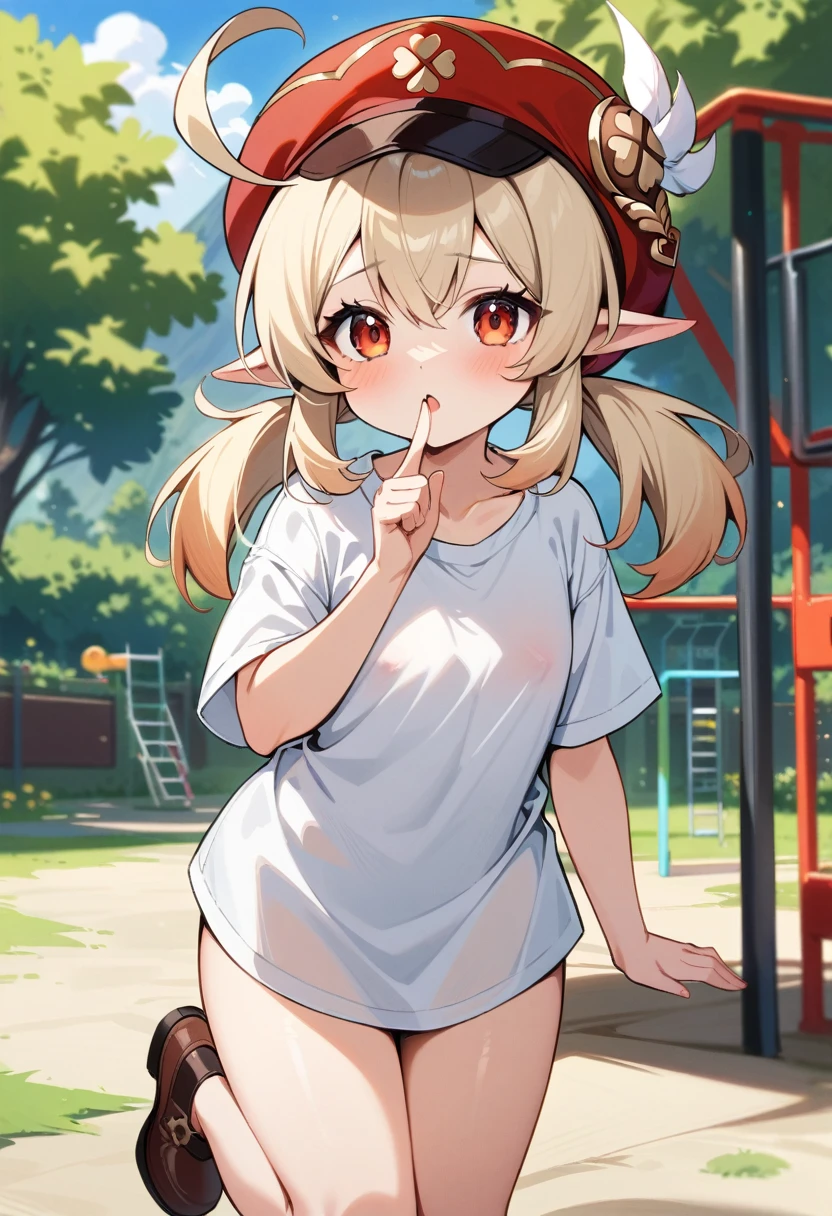 masterpiece, best quality, very aesthetic, absurdres, newest,1girl,naked_shirt, covered_nipples, ,klee_(genshin_impact), genshin_impact, blonde_hair, ahoge, hair_between_eyes, low_twintails, medium_hair, pointy_ears, sidelocks, cabbie_hat, red_hat,four-leaf_clover, clover_print,,,in a playground