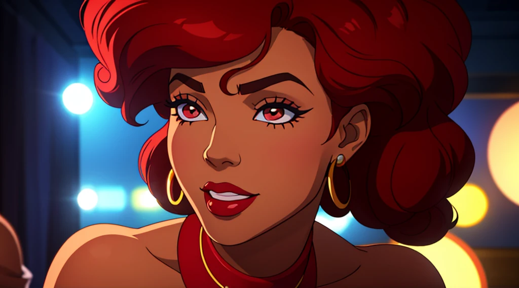 Create a close-up face portrait of a fictional 1970s African-American female R&B superstar named Ruby Roux. She has vibrant red curly hair, expressive brown eyes, and a radiant smile. Ruby wears bold makeup typical of the 1970s, including dramatic eyeliner and red lipstick. She is adorned with large hoop earrings and a glittery outfit that reflects the flashy style of the era. The background should feature a blurred colorful stage with vintage lights, adding to the retro and glamorous atmosphere. cinematic action, cinematic lighting, backlighting, masterpiece, anatomically correct, textured skin, super detail, 8k atmospheric perspective, depth of field,