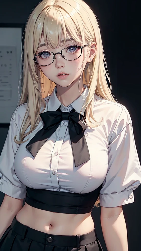 1 girl, solo, light blonde hair, black eyes, white shirt, pastel colors, big breast, lipgloss, big round glasses, korean, straight bangs, pink cheeks, sexy, professional, smart, black tie, elegant, hot, sultry, fuck