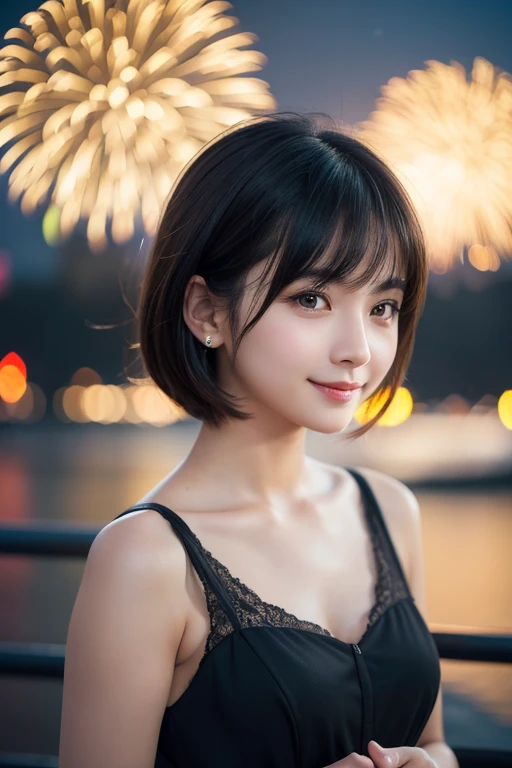 girl, White skin, Short dark brown tiered hair, V cut with layers and bangs, Brown eyes, Soft atmosphere characteristics (Highest quality, Ultra-high resolution, 8K, RAW Photos, Ultra-high resolution: 1.2, masterpiece: 1.2), (Realistic, Realistic: 1.37), Super detailed, Professional Lighting, Photon Mapping, Radio City, Physically Based Rendering, Japanese, One Girl, alone, Black Hair, cute, Nice, Adorable, A light smile, Normal chest,Fireworks display,fair
