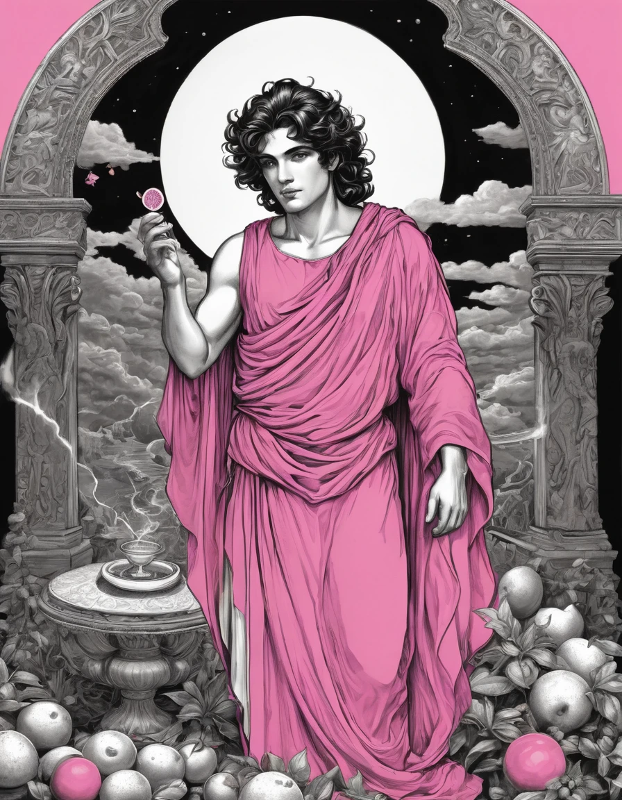 a black and white drawing, There is a faint whiff of Tyrian incense, and the god Apollo(man) stands before you, dressed in a sumptuous pink tunic, stained badly down one sleeve by juice from oranges. Popping another piece of fruit into his mouth, he begins: 'I think you should leave at once. Calypso's a bad thing, really. At least I think she is, or was once, or might be tomorrow. Something terrible could happen if you don't build yourself a raft and escape. I can't help you there, practicality and immortality just don't mix.' Then in a twist of orange peel the god is gone, back to his scrolls and prophesying..{{{{{monochrome}}}}}