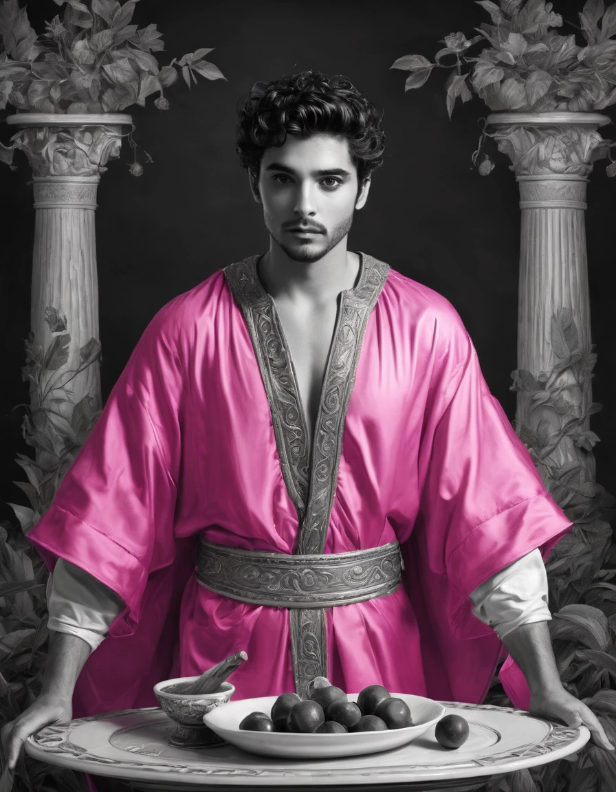 a black and white drawing, There is a faint whiff of Tyrian incense, and the god Apollo(man) stands before you, dressed in a sumptuous pink tunic, stained badly down one sleeve by juice from oranges. Popping another piece of fruit into his mouth, he begins: 'I think you should leave at once. Calypso's a bad thing, really. At least I think she is, or was once, or might be tomorrow. Something terrible could happen if you don't build yourself a raft and escape. I can't help you there, practicality and immortality just don't mix.' Then in a twist of orange peel the god is gone, back to his scrolls and prophesying..{{{{{monochrome}}}}}