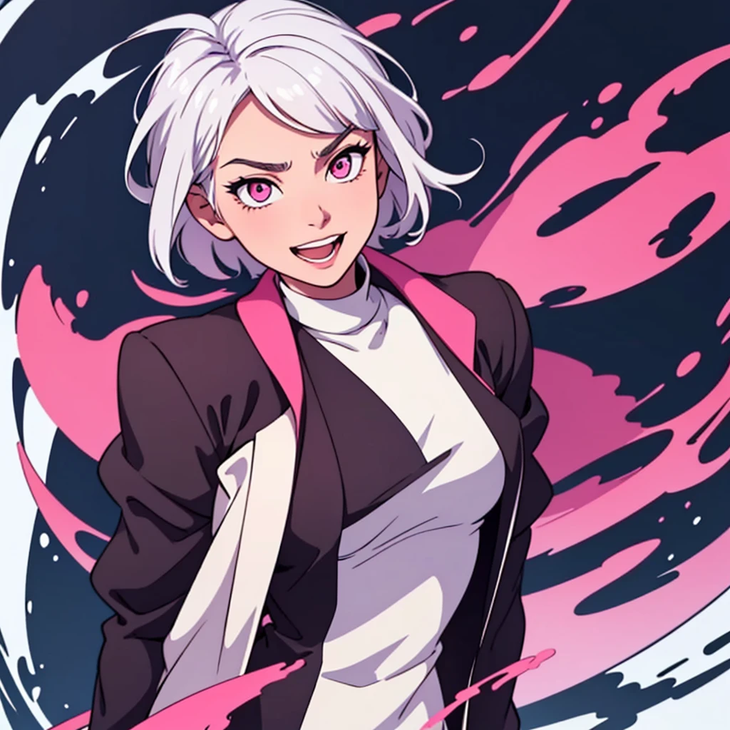 short white hair, highres, high resolution, masterpiece, wide dark pink eyes, looking right, looking towards the right, looking rightward, talking, grinning, confident, masterpiece, best quality, highres, 1 man, Gojo Satoru jujutsu kaisen, wavy hair, white hair, medium short hair, ager, colorful hair, light background, full body, teen, colorful parts, symbols, dark , bold, realistic mixing dark lines and loose lines, bold lines, on paper, human man, full body, imposing pose, stylish outfit, dark theme, beautiful, pretty, modest, standing, male, sharp chin, high cheekbones, white background, highres, high resolution, masterpiece, smiling, talking speaking, happy talking, chipper, cheery, mouth open, talking, speaking, mouth wide open, mouth moving