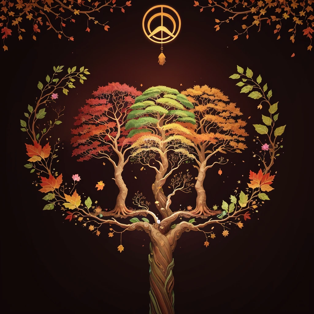 circular tree,four seasons,spring,summer,autumn,winter,leaves,roots,branches,trunk,ornate border,decorative,digital illustration,artwork,movement,time,swirling background,dark background,vibrant colors,natural,life cycle,growth,change,nature,life,peace,harmony,spirituality,symbolism,digital art,illustration,painting,graphic design,art,design,digital media,online art,visual art,fine art,fantasy