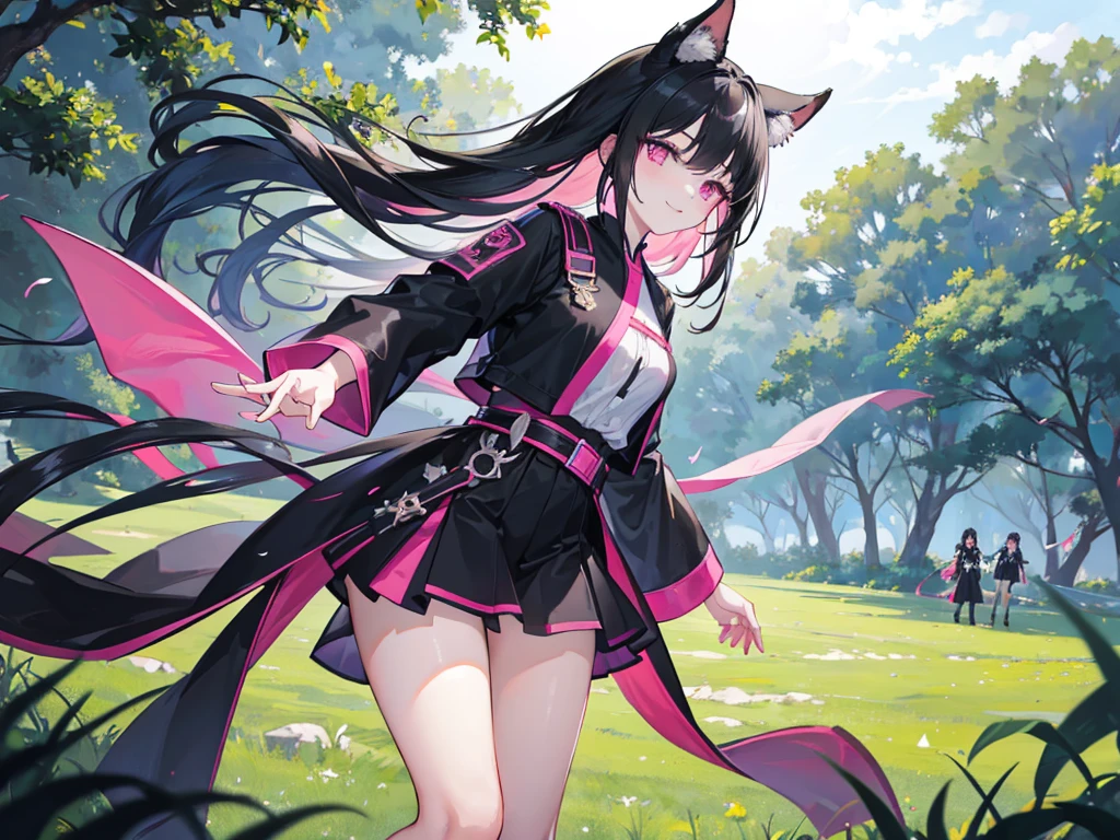Dark black hair、Pink Eyes、4K photo of 18 year old girl with tony tail。 Wearing a black belt、Wearing out-of-this-world costumes、Standing in the middle of the grass with happiness and smile。