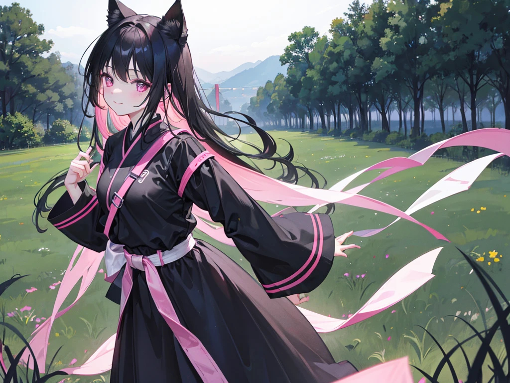 Dark black hair、Pink Eyes、4K photo of 18 year old girl with tony tail。 Wearing a black belt、Wearing out-of-this-world costumes、Standing in the middle of the grass with happiness and smile。