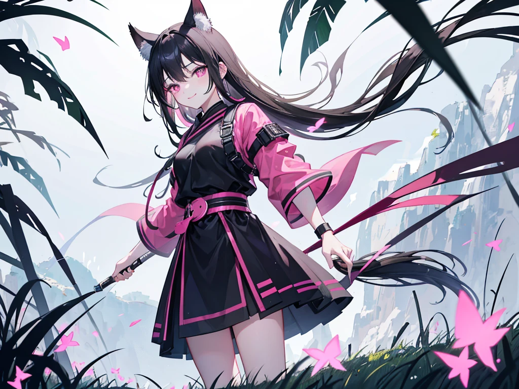 Dark black hair、Pink Eyes、4K photo of 18 year old girl with tony tail。 Wearing a black belt、Wearing out-of-this-world costumes、Standing in the middle of the grass with happiness and smile。