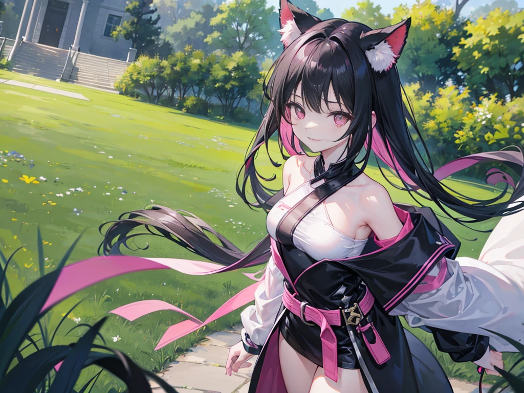 Dark black hair、Pink Eyes、4K photo of 18 year old girl with tony tail。 Wearing a black belt、Wearing out-of-this-world costumes、Standing in the middle of the grass with happiness and smile。