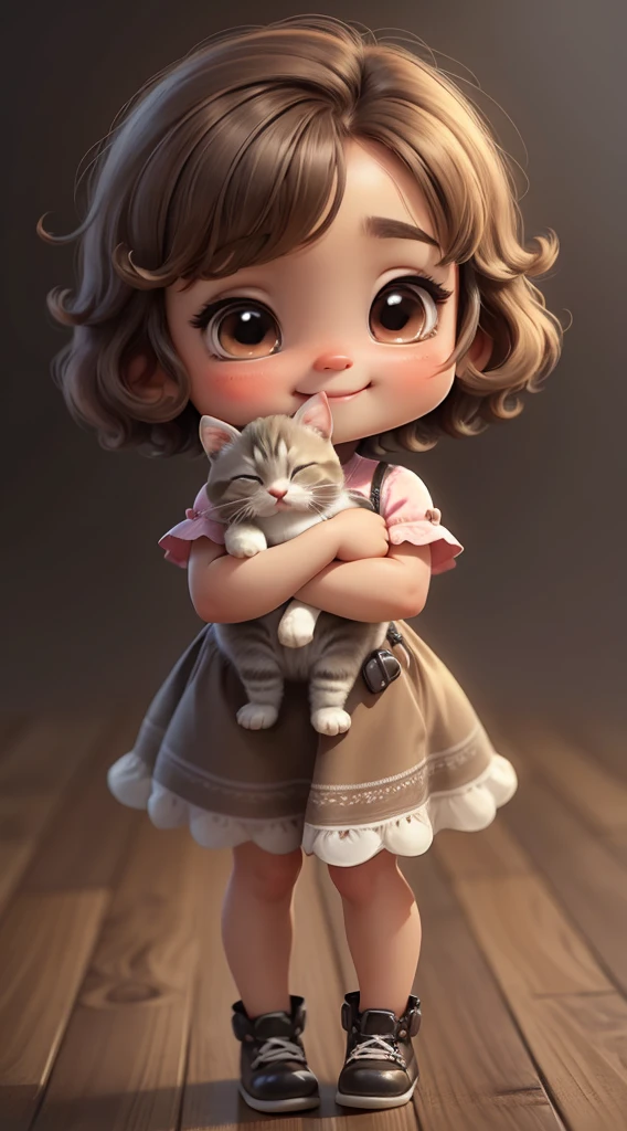 little baby girl, cute miniature, chibi style, short hair, light brown hair, fair skin, she is smiling happily, holding a gray kitten, full body, full hd, details