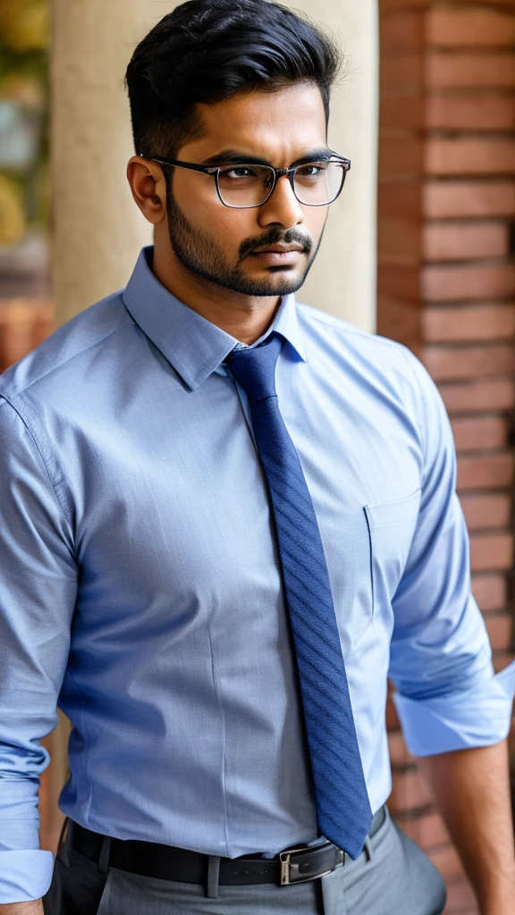 A base model of a handsome indian man, wearing glasses and tie, serious expression 