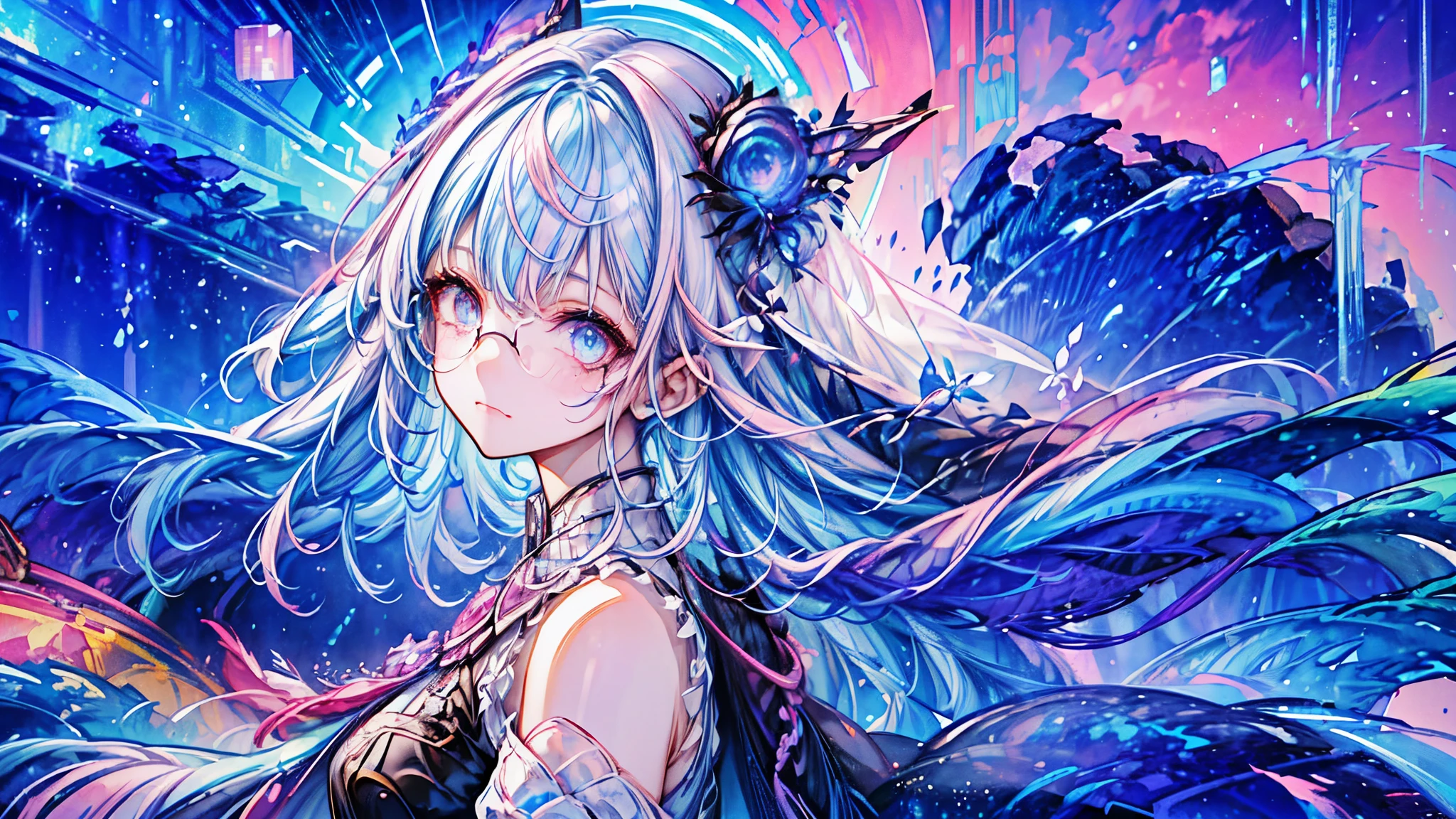 (Masterpiece ,、maximum quality、maximum quality、watercolor art(during)、Official Art、beautiful and aesthetic:1.2)、(1 girl:1.3)、(fractal art:1.3)、whole body、pupilas en forma de Star,、pattern、((Iridescent hair、colorful hair、half blue and half pink hair:1.2))、water、liquid、clouds、showy、noche Starda、Star、angry face、glasses、Write、heterochromia, (showy:1.5)、galaxiairando las Stars、anger
