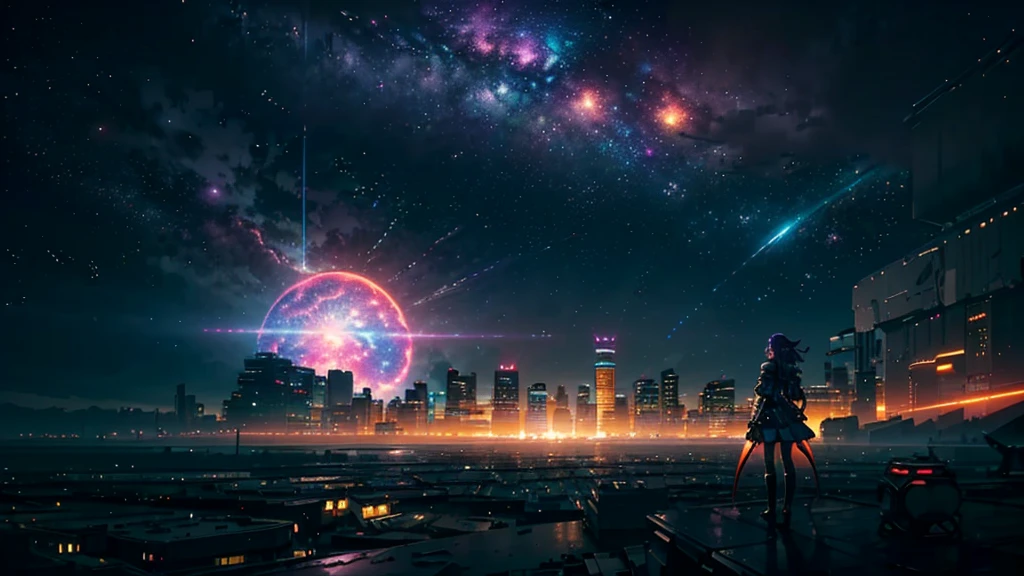 Panoramic photography of expansive landscape, (View from below overlooking the sky and the street below), Cyberpunk girl standing in a dystopian city looking up, Girl on all fours on the floor (Get the key: 1.2), (shooting star: 0.9), (nebula: 1.3), Distant City, Wood splitting production art, (Warm light source: 1.2), (Neon Light: 1.2), valve, Purple and Orange, Intricate details, Volumetric Lighting Break (First Job: 1.2), (Highest quality), 4K, Ultra-detailed, (moving composition: 1.4), Extremely detailed and colorful (Iridescent: 1.2), (Sparkling Lights, Atmospheric lighting), dreamer, magic, (alone: 1.2), right now, Sex, , hot, Lolita, Neon Accessories