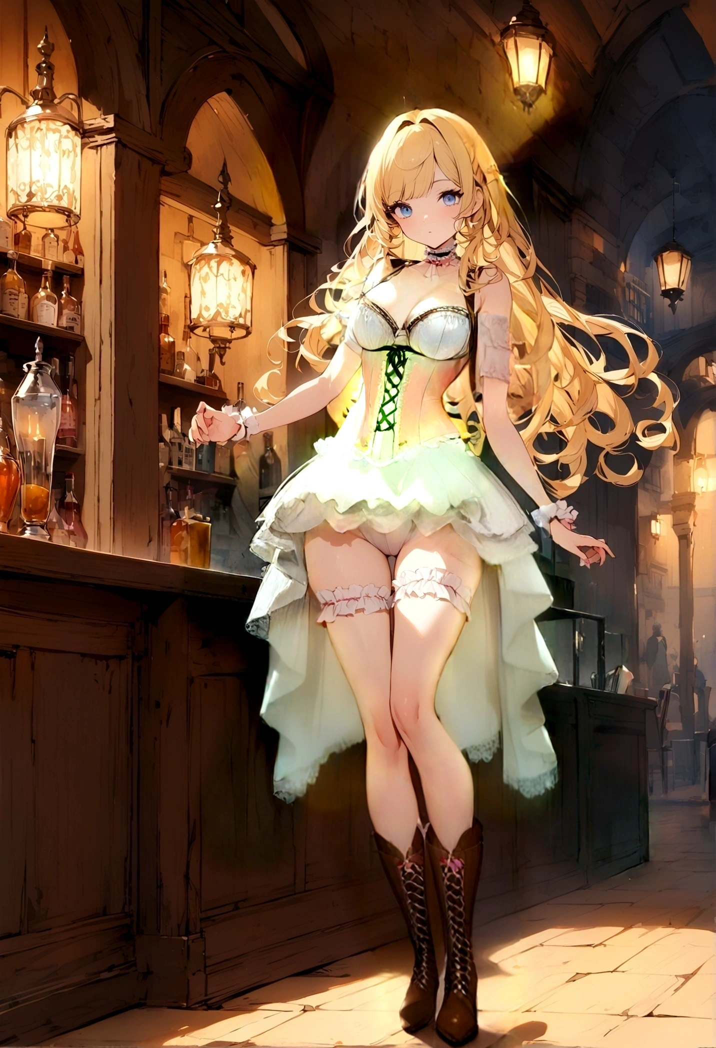 Curls,blonde_hair,blue_eyes,long_eyelashes,long_hair,fringe_bangs,side_curls,fullbody,standing,masterpiece,highress,frilly intricate pink saloon girl dress,knee length skirt,white accents, frilly lace choker,pink corset,lace up heeled boots,stockings,saloon,short at the front center of the skirt