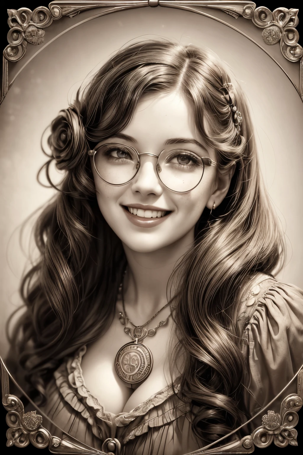 (masterpiece), best quality, expressive eyes, perfect face, Artwork, best quality, ultra-detailed, 1lady, long hair, 1930s vintage photography, monochrome dress, vintage color palette, ((curly hair)), dress with ruffles, smiling smile, freckles on face, ((old photo effect)), large breasts, ((sepia effect)), breasts larger than head, ((portrait in a medallion)), ((locket)), ((pic in locket)), ((portrait in round medallion)), photography of a woman in a locket, signature at the bottom of the photo, Initials T.J in signature, round glasses, provocative cleavage, face profile photography, lipstick in pic, shining eyes, twintails, laughing laugh, laughing, ((mold particles around the edges of the photograph)), laughing with your mouth open, flowers in hair, ((signatured photography)), huge breasts, large breasts, gigantic breasts, fleshy mouth lips, ((mold particles)), hood in head