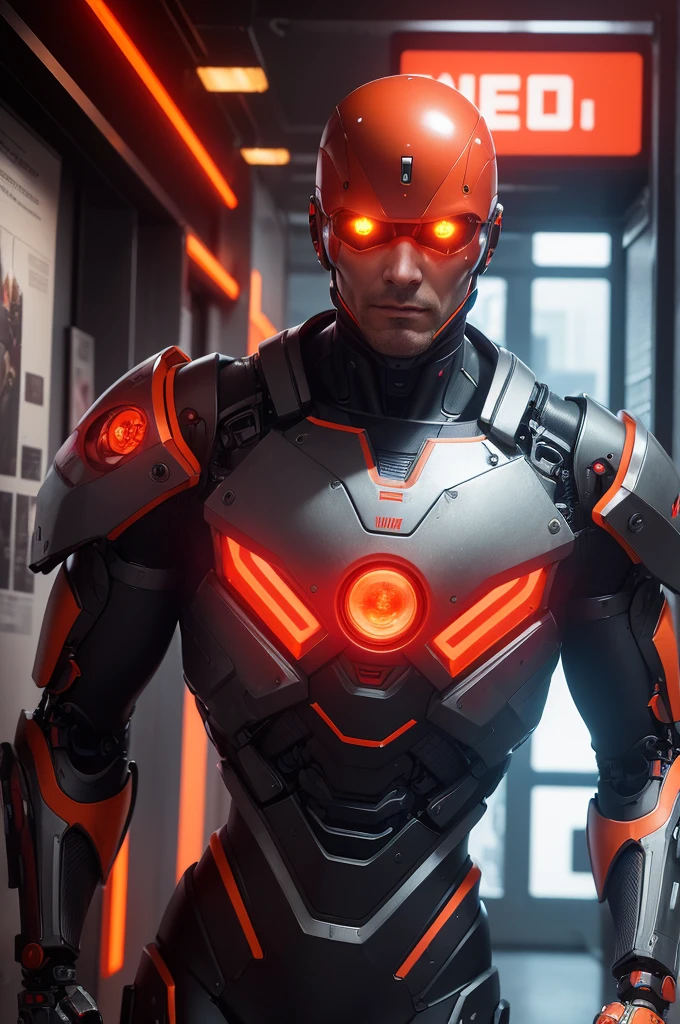 ((best qualityer)), ((work of art)), (detailded), A cyborg robot with a bionic eye glowing in shades of red and orange, with his left arm being a lethal weapon, and his right arm being a normal but fortified robotic arm, on a background of a futuristic city while showing holograms of wanted posters with a high reward with the face of our cyborg