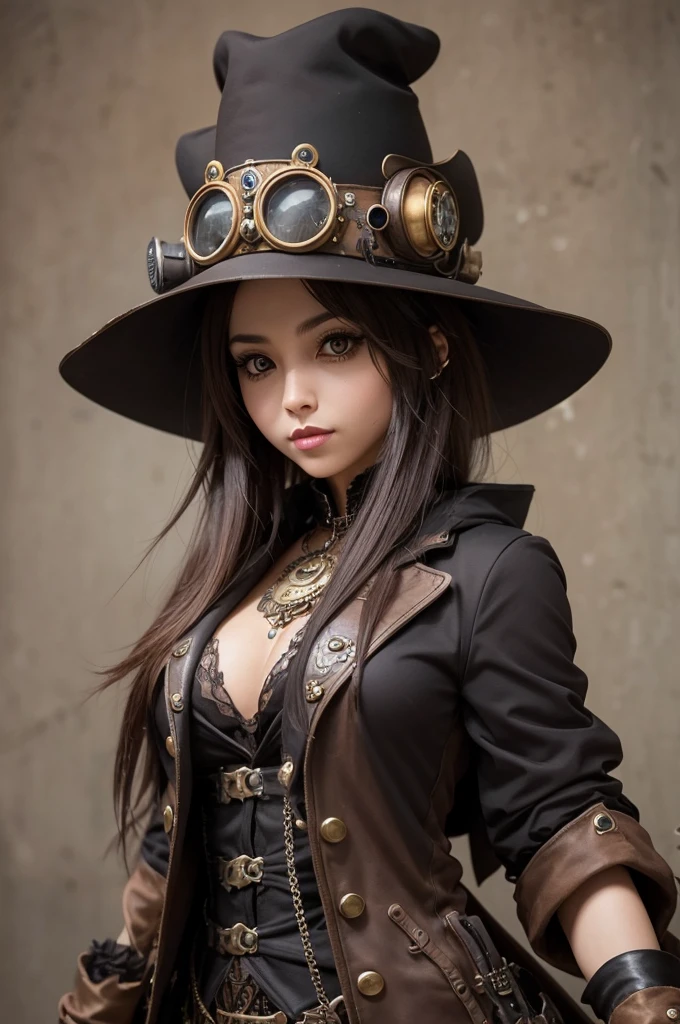 A raccoon in steampunk wizard clothes,with a hat like Vivi from Final Fantasy and full of modifications 