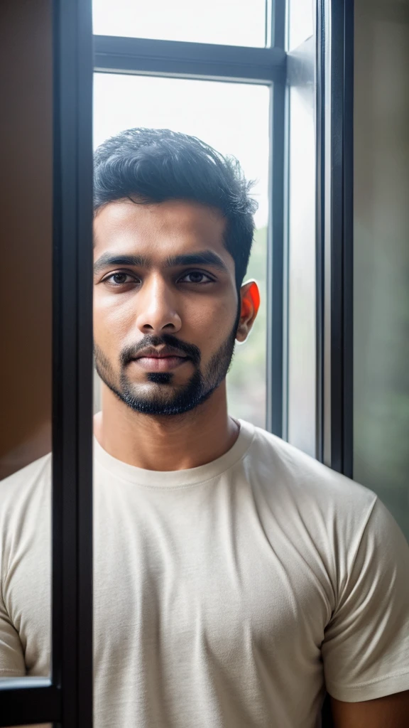 A base model of a handsome indian man , looking at the camera, sad expression, window, t shirt