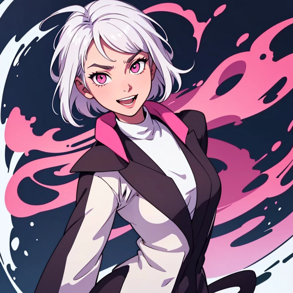 short white hair, highres, high resolution, masterpiece, wide dark pink eyes, looking right, looking towards the right, looking rightward, talking, grinning, confident, masterpiece, best quality, highres, 1 man, Gojo Satoru jujutsu kaisen, wavy hair, white hair, medium short hair, teenager, colorful hair, light background, full body, teenager, colorful parts, symbols, dark , bold, realistic mixing dark lines and loose lines, bold lines, on paper, human man, full body, imposing pose, stylish outfit, dark theme, beautiful, pretty, modest, standing, male, sharp chin, high cheekbones, white background, highres, high resolution, masterpiece, smiling, talking speaking, happy talking, chipper, cheery, mouth open, talking, speaking, mouth wide open, mouth moving, tilting head, sideways head
