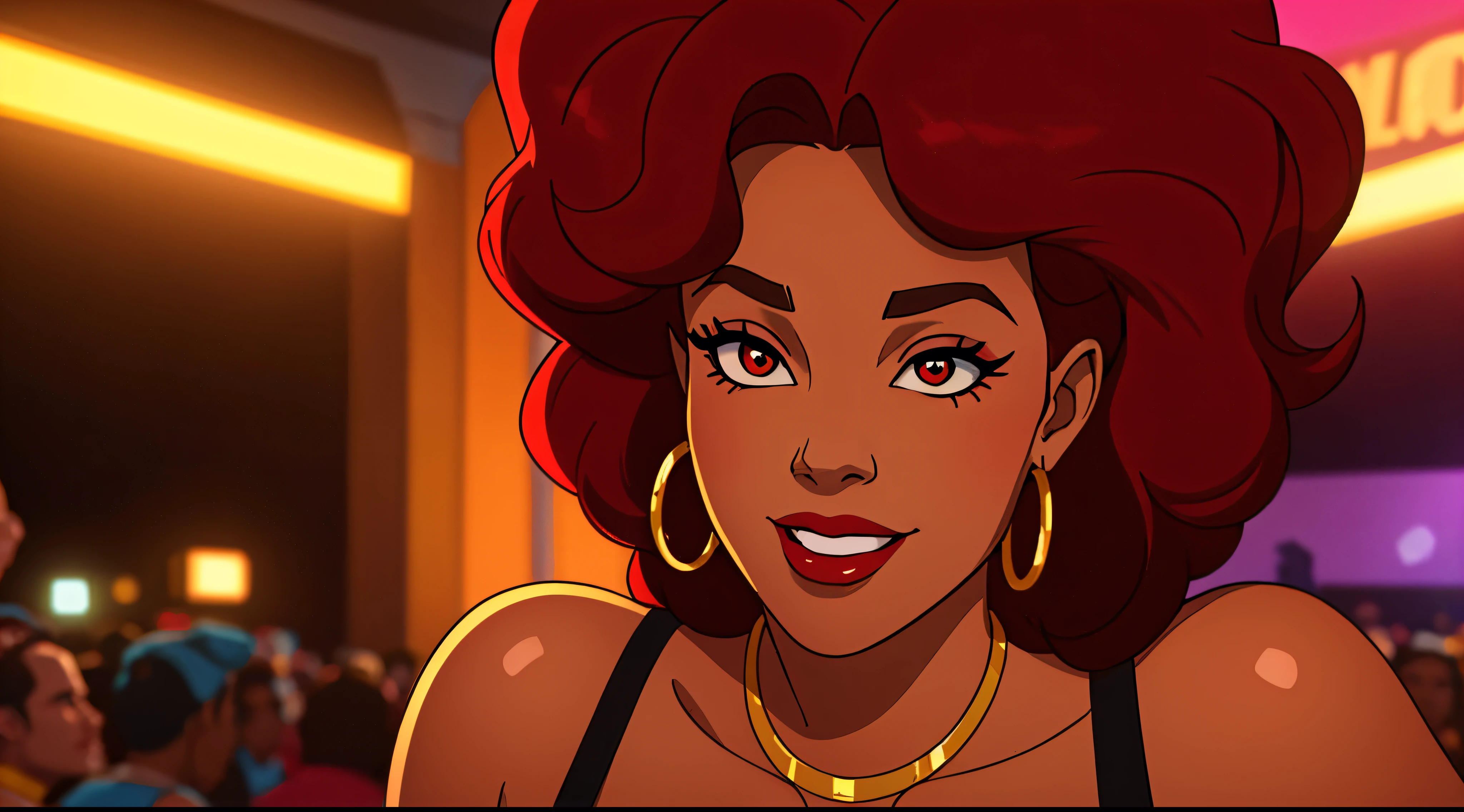 Create a close-up face portrait of a fictional 1970s African-American female R&B superstar named Ruby Roux. She has vibrant red curly hair, expressive brown eyes, and a radiant smile. Ruby wears bold makeup typical of the 1970s, including dramatic eyeliner and red lipstick. She is adorned with large hoop earrings and a glittery outfit that reflects the flashy style of the era. The background should feature a blurred colorful stage with vintage lights, adding to the retro and glamorous atmosphere. cinematic action, cinematic lighting, backlighting, masterpiece, anatomically correct, textured skin, super detail, 8k atmospheric perspective, depth of field,