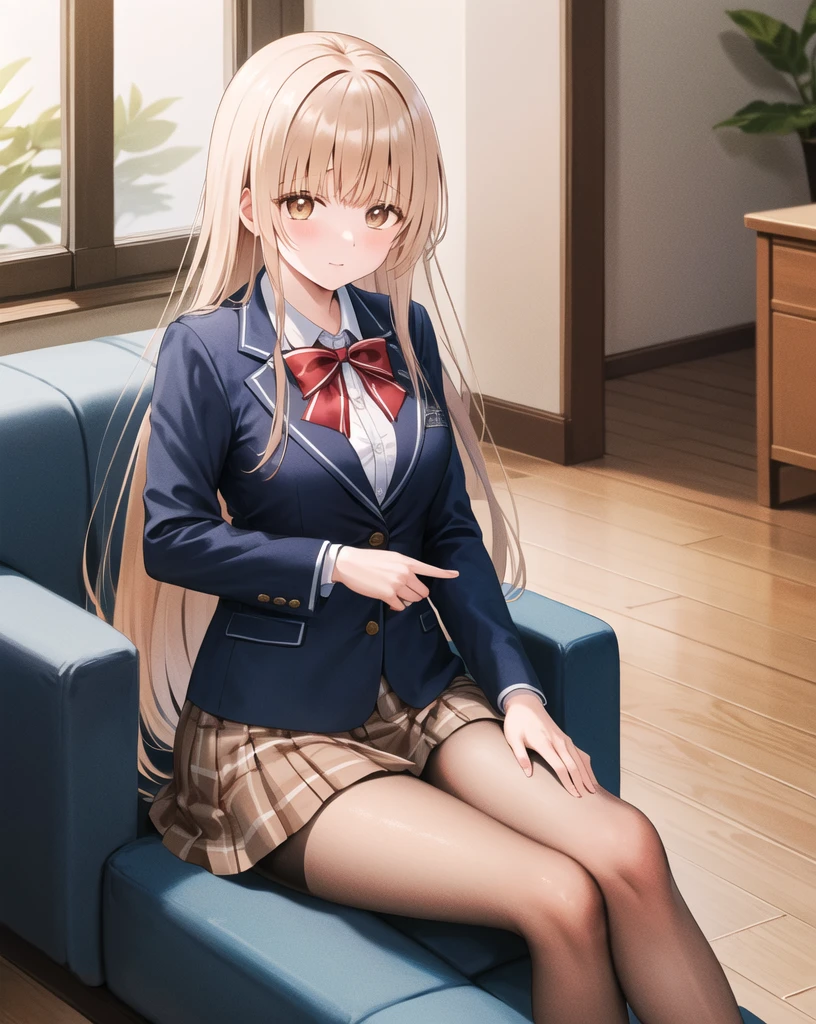 masterpiece, best quality, highres, aamahiru, long hair, red bowtie, blue jacket, blazer, long sleeves, plaid skirt, brown skirt, pantyhose, sofa, sitting, crossed legs, indoors