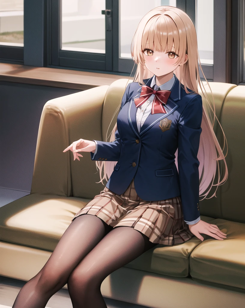 shiina mahiru, Good looking girl (long blonde hair with square bangs, big yellow eyes, blush, perfect face), wearing school uniform (blue blazer and white shirt, red bow tie, brown mini skirt, black pantyhose, brown shoes ), independent , looking at camera, masterpiece, anime art style, cute characters, most detailed, high quality、are at school、Nico Nico Smile、doing peace