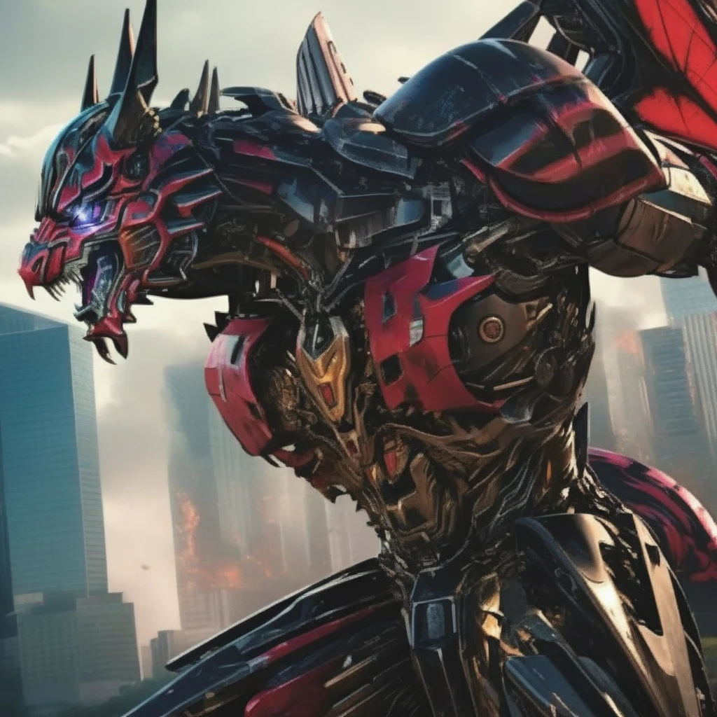 Un transformer grande con aspecto de Dragon, colores backgraund black and guinda