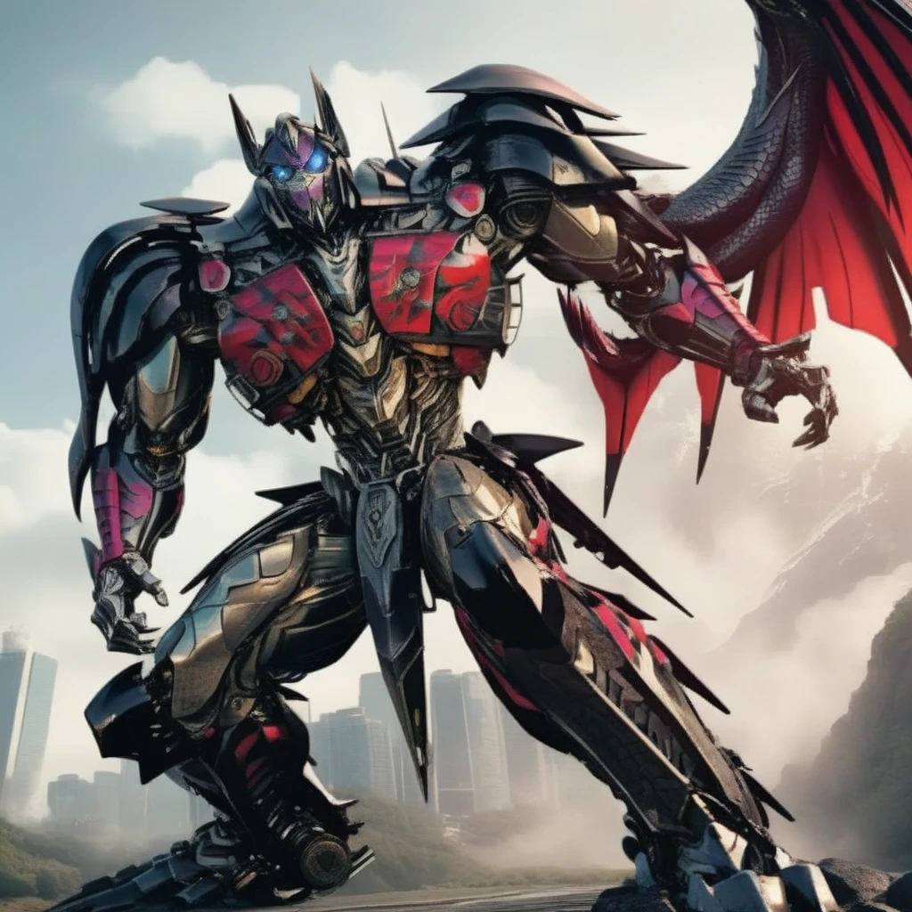 Un transformer grande con aspecto de Dragon, colores backgraund black and guinda