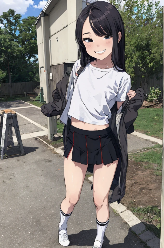 best quality, masterpiece, detailed,2d,flat color, 1girl,14yo,petit,grin,outdoor,miniskirt,socks,(sexy,erotic)