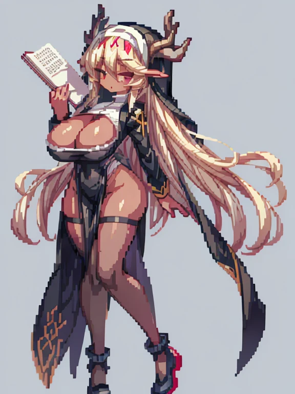 long hair, blonde hair, (dark skinned female), (nun), big breasts, Big ass, Deer antlers, venus body, milf, gigantic breasts, sagging breasts, simple background,
