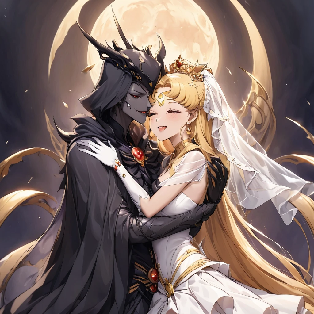 ((Highest quality)), ((masterpiece)), (detailed), （Perfect Face）、Black moon mark on forehead、The woman is Black Serenity, the noble dark queen of the Black Moon clan and has blonde hair.２The woman with long hair tied up is Princess Serenity、She is holding a wedding ceremony with the strong and evil demon king as his bride, embracing each other and kissing her vows.、The woman has a black inverted crescent moon mark on her forehead, a gorgeous and glittering black gothic Victorian dress, a black veil and a black see-through cape, and is wearing luxurious jeweled accessories. She is the Queen of Darkness, the jet-black Princess Serenity, looking at the camera with a happy expression, and has the expression of a maiden in love.、A woman and a strong, evil demon king man are embracing the dark bride woman, kissing her vows and getting married.、The man is a strong and evil demon king, and he embraces the woman, kisses her and gets married.、Men and women in love