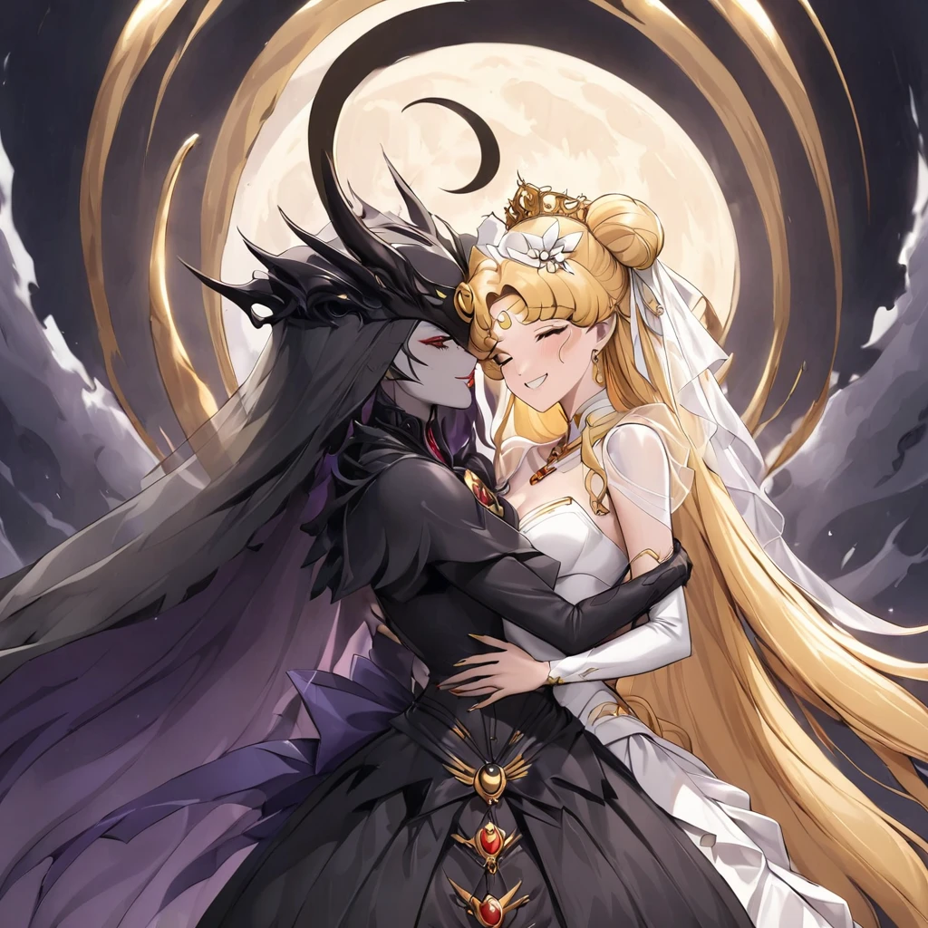 ((Highest quality)), ((masterpiece)), (detailed), （Perfect Face）、Black moon mark on forehead、The woman is Black Serenity, the noble dark queen of the Black Moon clan and has blonde hair.２The woman with long hair tied up is Princess Serenity、She is holding a wedding ceremony with the strong and evil demon king as his bride, embracing each other and kissing her vows.、The woman has a black inverted crescent moon mark on her forehead, a gorgeous and glittering black gothic Victorian dress, a black veil and a black see-through cape, and is wearing luxurious jeweled accessories. She is the Queen of Darkness, the jet-black Princess Serenity, looking at the camera with a happy expression, and has the expression of a maiden in love.、A woman and a strong, evil demon king man are embracing the dark bride woman, kissing her vows and getting married.、The man is a strong and evil demon king, and he embraces the woman, kisses her and gets married.、Men and women in love
