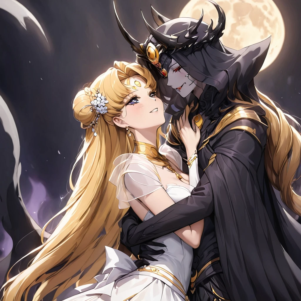 ((Highest quality)), ((masterpiece)), (detailed), (Perfect Face)、Black moon mark on forehead、The woman is Black Serenity, the noble dark queen of the Black Moon clan and has blonde hair.2The woman with long hair tied up is Princess Serenity、She is holding a wedding ceremony with the strong and evil demon king as his bride, embracing each other and kissing her vows.、The woman has a black inverted crescent moon mark on her forehead, a gorgeous and glittering black gothic Victorian dress, a black veil and a black see-through cape, and is wearing luxurious jeweled accessories. She is the Queen of Darkness, the jet-black Princess Serenity, looking at the camera with a happy expression, and has the expression of a maiden in love.、A woman and a strong, evil demon king man are embracing the dark bride woman, kissing her vows and getting married.、The man is a strong and evil demon king, and he embraces the woman, kisses her and gets married.、Men and women in love