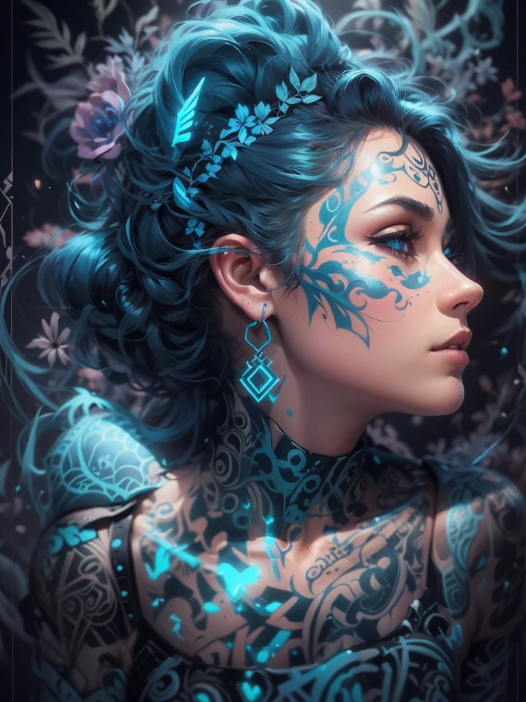 Tattooed skin technological inlays, with neon light design, retro style art