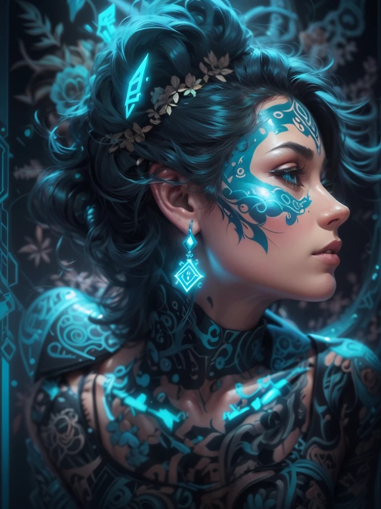 Tattooed skin technological inlays, with neon light design, retro style art