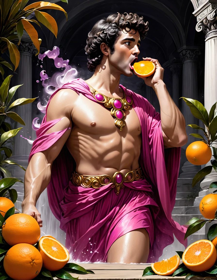 a black and white drawing, There is a faint whiff of Tyrian incense, and the god Apollo(man) stands before you, dressed in a sumptuous pink tunic, stained badly down one sleeve by juice from oranges. Popping another piece of fruit into his mouth, he begins: 'I think you should leave at once. Calypso's a bad thing, really. At least I think she is, or was once, or might be tomorrow. Something terrible could happen if you don't build yourself a raft and escape. I can't help you there, practicality and immortality just don't mix.' Then in a twist of orange peel the god is gone, back to his scrolls and prophesying..{{{{{monochrome}}}}}
