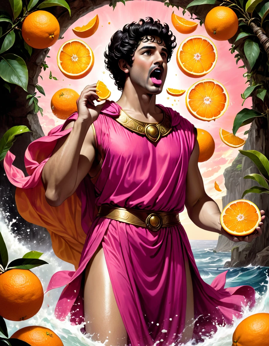 a black and white drawing, There is a faint whiff of Tyrian incense, and the god Apollo(man) stands before you, dressed in a sumptuous pink tunic, stained badly down one sleeve by juice from oranges. Popping another piece of fruit into his mouth, he begins: 'I think you should leave at once. Calypso's a bad thing, really. At least I think she is, or was once, or might be tomorrow. Something terrible could happen if you don't build yourself a raft and escape. I can't help you there, practicality and immortality just don't mix.' Then in a twist of orange peel the god is gone, back to his scrolls and prophesying..{{{{{monochrome}}}}}