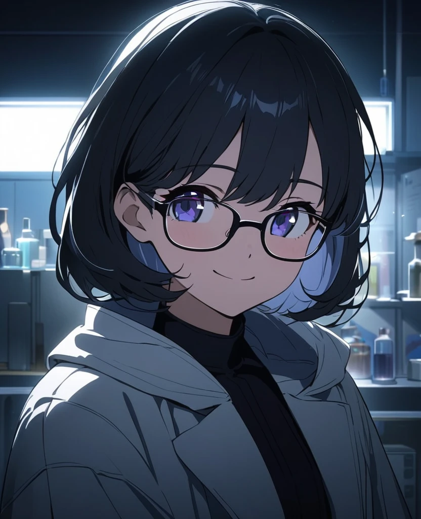 Anime painting:1.2,A girl wearing glasses and a white coat smiles mysteriously.:1.2,In a dimly lit laboratory,Composition from the upper body up