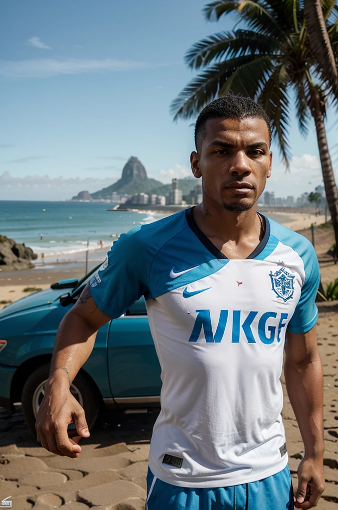 Fivem Character, Rio de Janeiro-style thug with an England football shirt, with the number 22 and written GCrlk in Portuguese, washed up on the coast,and making the sign 2 with the hand the nike bone