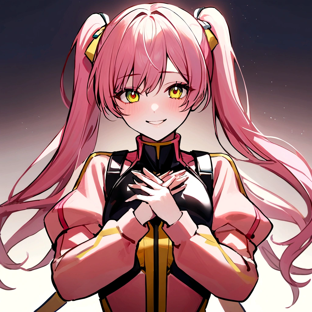make me a female, 23 years old, pink long hair, pigtails, one green and one yellow eye, she's smiling happily, cyber clothes, pink and yellow outfit, two guns in her hands