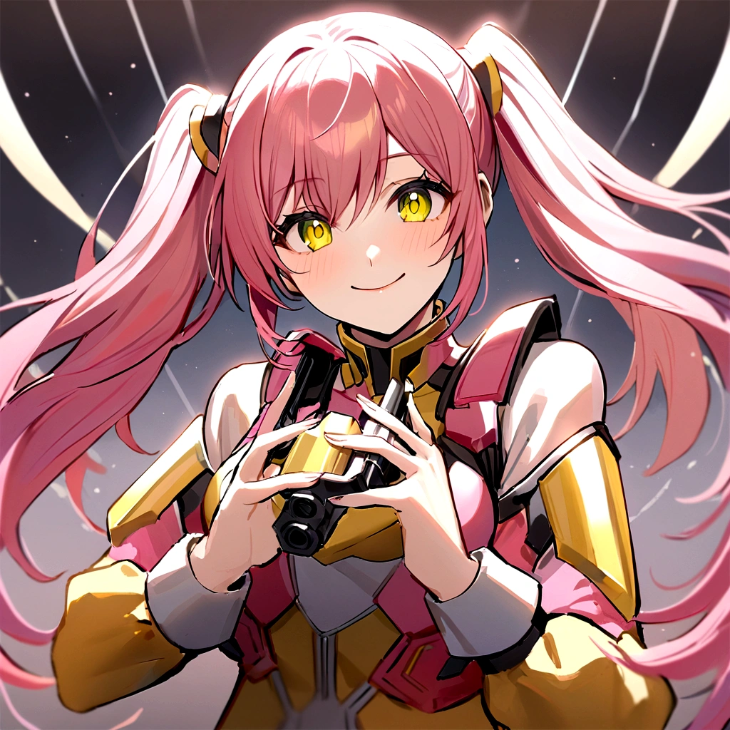 make me a female, 23 years old, pink long hair, pigtails, one green and one yellow eye, she's smiling happily, cyber clothes, pink and yellow outfit, two guns in her hands