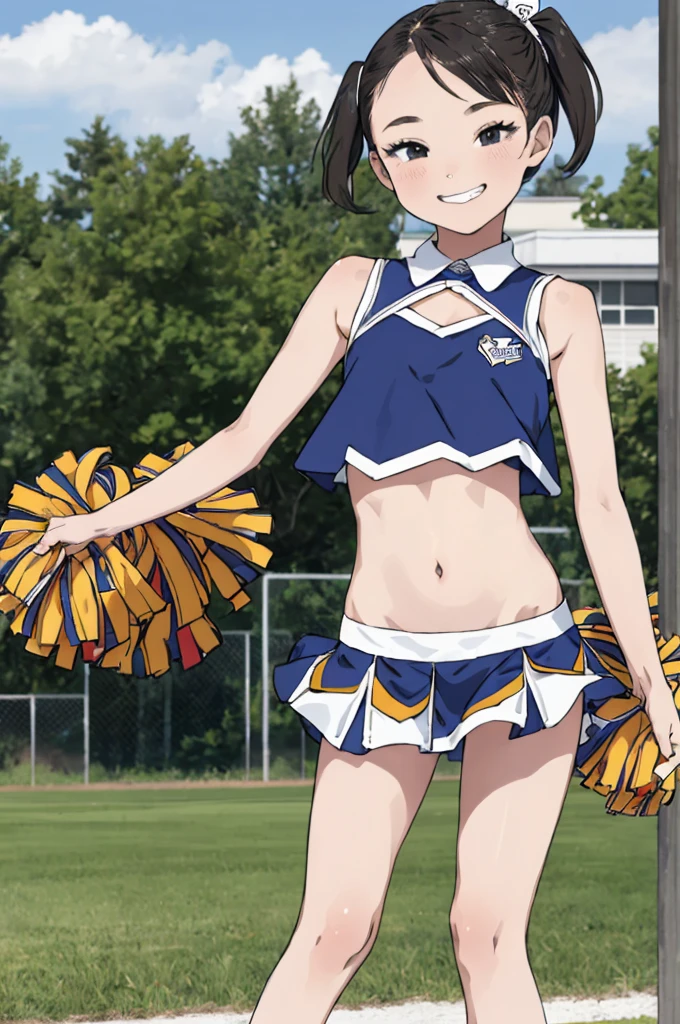 best quality, masterpiece, detailed,2d,flat color, 1girl,,petit,grin,cheer leader costume,crop top,miniskirt,socks,),outdoor
