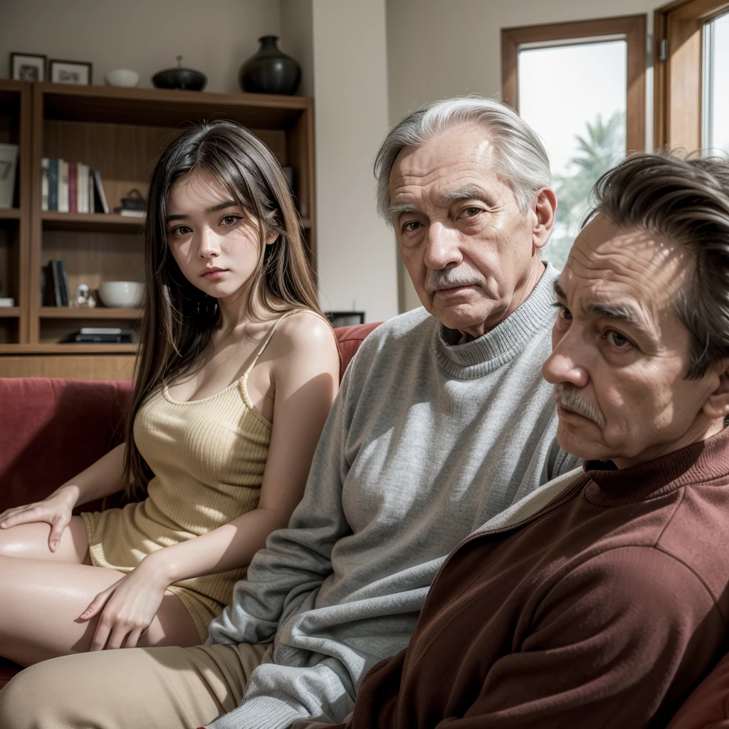 young woman in the living room sitting on the sofa, looking at the camera, with a 77-year-old man in the background.