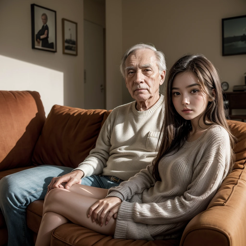 young woman in the living room sitting on the sofa, looking at the camera, with a 77-year-old man in the background.