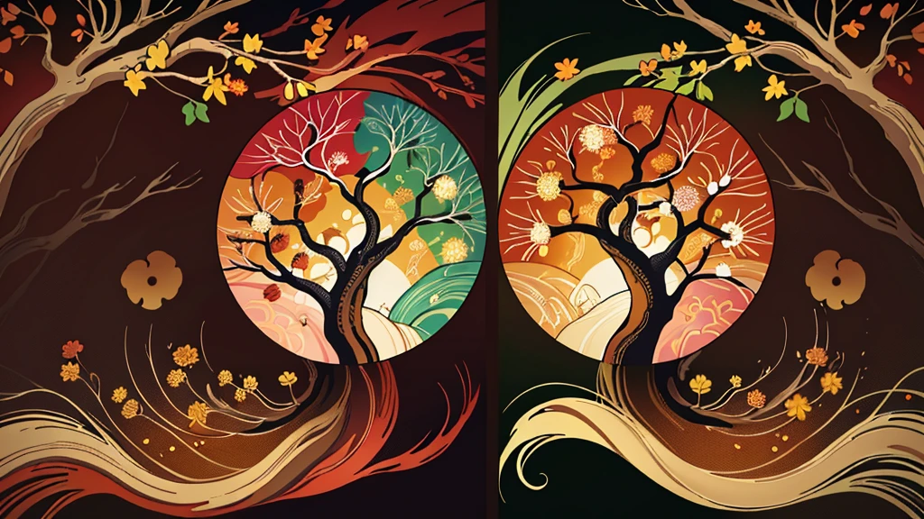 circular tree,four seasons,spring,summer,autumn,winter,leaves,roots,branches,trunk,ornate border,decorative,digital illustration,artwork,movement,time,swirling background,dark background,vibrant colors,natural,life cycle,growth,change,nature,life,peace,harmony,spirituality,symbolism,digital art,illustration,painting,graphic design,art,design,digital media,online art,visual art,fine art,fantasy