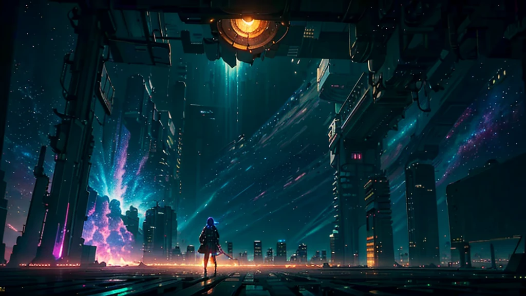 Panoramic photography of expansive landscape, (View from below overlooking the sky and the street below), Cyberpunk girl standing in a dystopian city looking up, Girl on all fours on the floor (Get the key: 1.2), (shooting star: 0.9), (nebula: 1.3), Distant City, Wood splitting production art, (Warm light source: 1.2), (Neon Light: 1.2), valve, Purple and Orange, Intricate details, Volumetric Lighting Break (First Job: 1.2), (Highest quality), 4K, Ultra-detailed, (moving composition: 1.4), Extremely detailed and colorful (Iridescent: 1.2), (Sparkling Lights, Atmospheric lighting), dreamer, magic, (alone: 1.2), right now, Sex, , hot, Neon Accessories